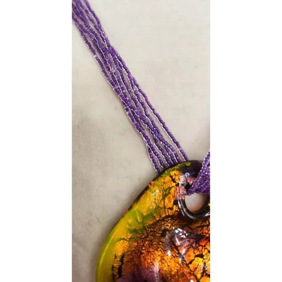 Dichroic Glass Pendant On Multi Strand Seed Amythest Necklace, Purple/Yelllow - Picture 5 of 5